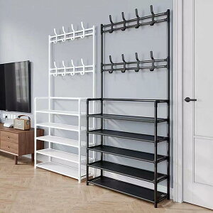 シューズラック 5段 60cm オープンラック 大容量 ハンガーラック シューズ ラック 靴 収納 スリム 省スペース 頑丈 おしゃれ 便利 収納ラック 玄関収納 洋服掛け 帽子かけ 棚付き コート掛け