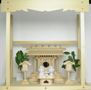 神棚 板葺一社宮 C型 小 低〈I-22'〉+神具セット(ハーフ・小)+神棚板+雲板(中)のセット