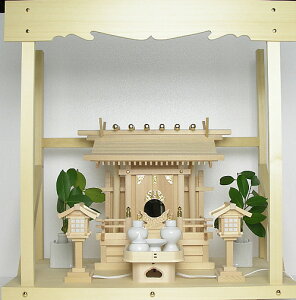 神棚 板葺一社宮B型小袖付〈I-19〉+神具セット(ハーフ・小)+神棚板+雲板(中)のセット