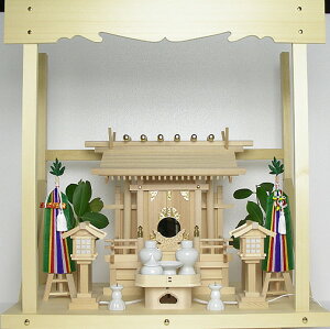 神棚 板葺一社宮B型小袖付〈I-19〉+神具セット(フル・小)+神棚板+雲板(中)のセット