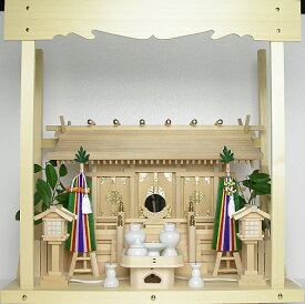 【 伊勢 宮忠 】【 神棚 板葺三社宮 通し屋根 中〈I-7〉+神具セット（フル・小）+神棚板+雲板（中）のセット 】神棚 神具 家庭用 桧 檜 ヒノキ ひのき 桧木 檜木 セット 雲板