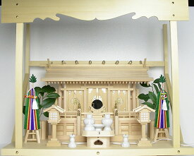 【 伊勢 宮忠 】【 神棚 板葺三社宮 通し屋根 中〈I-7〉+神具セット（フル・小）+神棚板+雲板（大）のセット 】神棚 神具 家庭用 桧 檜 ヒノキ ひのき 桧木 檜木 セット 雲板