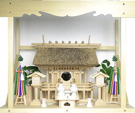 【 伊勢 宮忠 】【 神棚 茅葺一社宮 A型 中〈K-8〉+神具セット（フル・中）+神棚板+雲板（大）のセット 】神棚 神具 神具セット 家庭用神棚 神具フル ハーフセット 神祭具 萱葺き神棚 桧 檜 ヒノキ ひのき 桧木 檜木 雲板