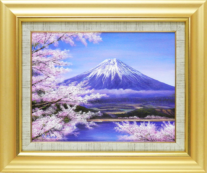 油彩画 洋画 油絵額縁付きで納品対応可 M8号 常念岳に桜 小川