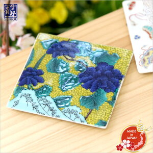 九谷焼 コースター スクエアプレート 青手牡丹 SP-03 青郊窯 日本製 日本土産 色絵角平皿 ギフト プレゼント 贈り物 日本土産 工芸品 キッチン雑貨 ホームステイのお土産 インテリア おしゃれ