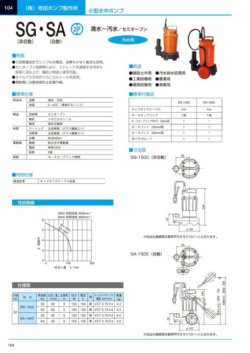 楽天市場】寺田 水中ポンプ 小型 100V 汚物固形物 排水ポンプ SG-150C 