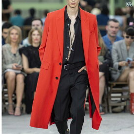 ウインドブレーカー 赤 メンズ ショー 春 ボタン付き 膝 丈 ロング レッド コート ジャケット おしゃれ 綺麗 スリムフィット