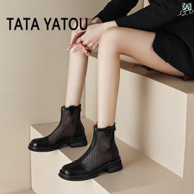 女性 アンクルブーツ TATA YATOU ラウンドトゥ バックジッパー ショートチューブ ローヒール 黒