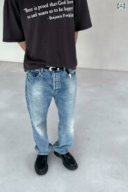 ウォッシュ ジーンズ スノーフレーク テクスチャー レトロ アメリカン ストレート パンツ ほつれた ブルー カジュアル メンズ