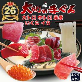 青森県 大間産 極上 天然本マグロ 大トロ・中トロ・赤身 合計600g イクラ100g イカ100g 送料無料 ふるさと 特産 ギフトまぐろ お刺身 御祝 内祝 お返し 誕生日 贈り物 即日発送 お取り寄せグルメ
