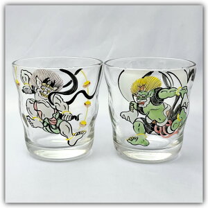 京焼の絵付師が描いた色絵ガラス 風神雷神ロックグラス ペア 手描き 化粧箱入り 酒杯 コップ さかずき 酒器 和食器 焼酎 ウイスキー ブランデー お湯割り 宅飲み オンライン飲み会 ペアギ