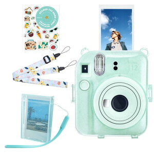 HIYQINinstaxmini12ケース、FUJIFLM「チェキinstaxmini12」ケース5点セット透明カバーチェキ12クリアケースショルダーストラップ付、写真収納ボックス、チェッキ12用ステッカー付