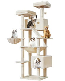Taoqimiao キャットタワー 高さ180cm 大型猫用 多頭飼い対応 据え置き 省スペース 転倒防止付き 運動不足解消 安定感 天然麻紐の猫の爪とぎボード 特大猫ハウス付き 金属フレームハンモック …