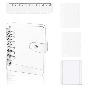 YFFSFDCシステム手帳A7PVCバインダーミニ6穴手帳ポケットサイズPVCクリア素材柔らかいボダン付きA7クリアポケット3枚付き定規付きノート
