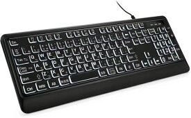 大きめの文字のバックライト付きキーボード、静かなUSB有線コンピューターキーボード、光るホワイトLED付きフルサイズキーボード Windowsデスクトップ、ノートパソコン、PC、ゲームに対…