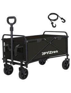 JPYiZrenキャリーワゴン折りたたみ式キャリーカートアウトドアキャンプカートワイドタイヤ搭載大容量120L耐荷重100kg自立式収納BBQ釣りキャンプ運動会用などに最適(ブラック)