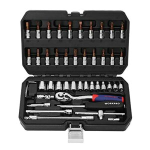 WORKPROソケットレンチセットラチェットレンチオフセットタイプ差込角6.35mm(1/4インチ)46点組自動車修理車メンテナンスガレージツールセット作業セット工具道具専用収納ケース付属