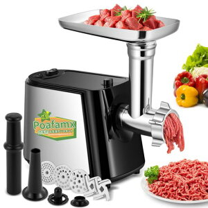 Poafamxミンサー電動3/5/7mm3種カットプレート付き野菜スライサー部品三つ付きミートローフ用部品/ソーセージノズル/ジューサー用部品付きミンチ機ひき肉機肉挽き/腸詰め/みじん切り/野菜…