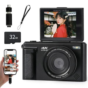 Fesaymi 4K�f�W�J�� �X�}�z�ɑ���� �f�W�^���J���� 6400����f 3.0�C���` 180�x��]�f�B�X�v���C �L�p�}�N�������Y 16�{�f�W�^���Y�[�� MicroSD�Ή� �ő�512GB 1000mAh��e�� �t�B���^�[�@�\�t�� �R�c