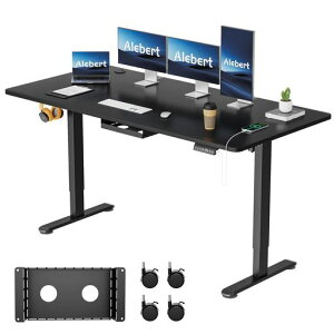 Alebert「アレベルト」電動式昇降デスク昇降式デスク幅160*奥行80cmスタンディングデスク入り替え用キャスター付き収納ボックス付きUSB充電可能高さメモリー機能障害検知静音ゲーミングデ…