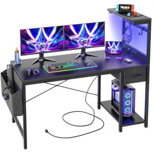 TIQLABLEDゲーミングデスク100x50cm-電源コンセント付きパソコンデスク大型収納棚引き出し付き多機能デスクサイドポケット2つのフック付き勉強・ゲーム・仕事・在宅勤務用