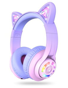 iClever子供用ヘッドホンBluetoothヘッドフォン猫耳LEDライトアップワイヤレスキッズヘッドフォン音量制限付き(74/85dBA)45Hプレイタイムマイク付き学校/タブレット/PC用