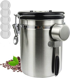 コーヒーキャニスター1500mlコーヒー豆保存容器密封容器交換用バルブ付きスプーン付き500g茶筒お菓子糖香料日付表示防湿保存缶大容量シルバー