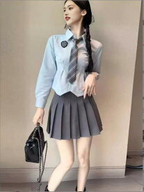 レディース 制服セット 長袖シャツ プリーツスカート ウエストシェイプ スリムフィット ボディシェイプ ホワイト 日系 学院風 ガーリー 学生服 普段使い トップス スカート 組み合わせ