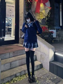 レディース JK 制服 セット 紺色 ニット セーター レイヤード トップス ゆったり シルエット プリーツ スカート スクール スタイル ベーシック カジュアル 普段使い レイヤリング