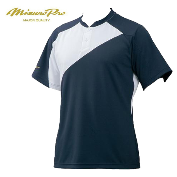 ミズノプロ ベースボールシャツ ソーラーカットベースボールシャツ 高い素材 野球シャツ 工場直送 野球ウエア 12JC7L0174 ネイビー×ホワイト