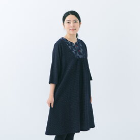 宮田織物 彩藍 七分袖 ヨーク ワンピース レディース 女性 春夏秋 日本製 半袖 綿100％ 薄小絣調