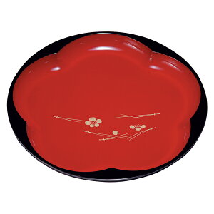 梅型盆 朱 梅に松葉 紀州塗り 7.5寸 23cm お盆 トレー トレイ おぼん 日本製 国産 おしゃれ シンプル 和風 内祝 新築祝い ギフト 記念品 丸盆 円形 花柄