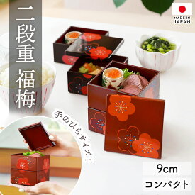 重箱 2段 3寸 9cm 黒 朱 お重 日本製 山中塗 福梅 一人用 ミニ 小さめ 小さい 手のひらサイズ 二段 おせち おせち料理 普段使い お重箱 おしゃれ お節 シンプル 内朱 1人 お一人様 漆器 仕切り無し 送料無料