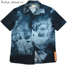 Nudie Jeans co/ヌーディージーンズ BRANDON SMUDGE PRINT 半袖プリントオープンシャツ/アロハシャツ BLACK/BLUE(ブラック×ブルー)