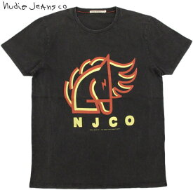 Nudie Jeans co/ヌーディージーンズ ANDERS BACKAHASTEN オーガニックコットン、半袖プリントTシャツ/半袖カットソー BLACK(ブラック)