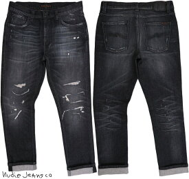 Nudie Jeans co/ヌーディージーンズ LEAN DEAN/リーンディーン SMASHING BLACK(シマシング ブラック) comfort stretch denimクラッシュ＆リペア・ストレッチスキニーブラックデニムパンツ/ブラックジーンズ
