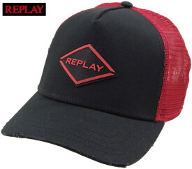 REPLAY/リプレイ AM4233 REPLAY CAP WITH BREAKAGES ラバーロゴ付き、メッシュキャップ BLACK-GLOSS RED(ブラック×レッド)