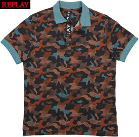 REPLAY/リプレイ M6077 POLO CAMOUFLAGE IN PIQUET STRETCH REPLAY カモフラージュ柄、ストレッチ半袖ポロシャツ BROWN/BLACK/PETROL(カモフラ柄)