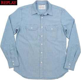 REPLAY/リプレイ M4074 SHIRT IN COTTON AND LINEN 麻混シャンブレーシャツ LIGHT BLUE(薄淡ブルー)