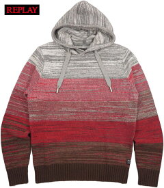 REPLAY/リプレイ UK2503 SHADED-OFF SWEATER WITH HOOD フード付きシェーディングオフセーター/ニットフーディー STRIPED MULTICOLOURS(レッド系)