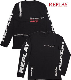 REPLAY/リプレイ M6468 LONG-SLEEVED T-SHIRT 長袖プリントTシャツ/REPLAYロゴ入り長袖カットソー BLACK(ブラック)