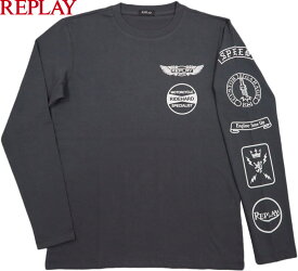 REPLAY/リプレイ M6809 LONG-SLEEVED T-SHIRT WITH PRINT 長袖プリントTシャツ/REPLAYロゴ入り長袖カットソー NEARLY BLACK(ニアリーブラック)