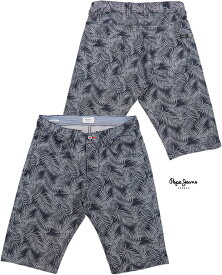 Pepe Jeans/ペペジーンズ CASH BERMUDA SHORTS LEAF リーフプリント入り、ヒッコリーストライプショーツ/カットオフパンツ/5ポケットハーフパンツ NAVY(ネイビー)