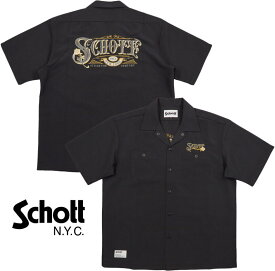 Schott/ショット SCHS-M020 T/C WORK SHIRT “ROSE EMBROIDERED” 刺しゅう入り、半袖ワークシャツ BLACK(ブラック)
