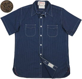 SUGAR CANE/シュガーケーン FICTION ROMANCE 8.5oz. WABASH STRIPE S/S WORK SHIRT フィクションロマンス・8.5オンス・ウォバッシュストライプ半袖ワークシャツ 421 A/NAVY(ONE WASH) ワンウォッシュ/SC36267