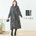 new【即日発送】TRUBE【M〜L】モダンラインプリントシャツワンピース(N83-229)デイリーファッション 普段着 おしゃれ着（ワンピース単品）ゆったり　ミセスファッション 大人可愛い 30代 40代 50代 60代　若見え　婦人服　可愛い服　長袖　2025　秋冬　秋柄　秋色