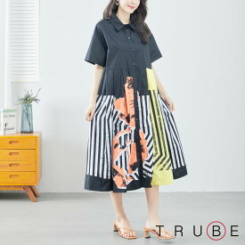 TRUBE　【M〜L】プリント切替シャツワンピース(C38-708) デイリーファッション 普段着 おしゃれ着　（ワンピース単品の価格）ミセス ミセスファッション 大人可愛い 30代 40代 50代 60代　若見え　洋服　婦人服　可愛い服　半袖　夏ワンピース　母の日