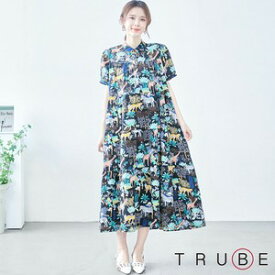 TRUBE【L〜LL】サファリ柄Aラインロングワンピース(C38-856)普段着 おしゃれ着　（ワンピース単品の価格です）ミセス ミセスファッション 大人可愛い 30代 40代 50代 60代　若見え　洋服　婦人服　可愛い服　夏　春　動物柄　　半袖　夏ワンピース