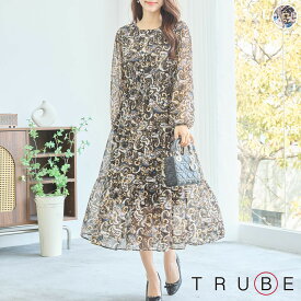 new reve bleu（TRUBE）【M〜L】シフォン総柄ロングワンピース（C38-998）デイリーファッション 普段着 おしゃれ着（ワンピース単品）ゆったり　ミセスファッション 大人可愛い 30代 40代 50代 60代　若見え　婦人服　可愛い服　長袖【春先・秋冬】花柄　フラワー