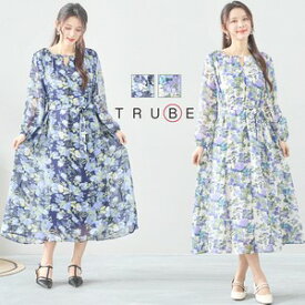 new TRUBE【M〜L】シフォン花柄首元タック入りワンピース(C38-220B)デイリーファッション 普段着 おしゃれ着（ワンピース単品）ゆったり　ミセスファッション 大人可愛い 30代 40代 50代 60代　若見え　婦人服　可愛い服　長袖 春　夏　秋　2WAY